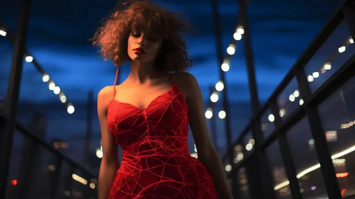 Red geometric patterned dress, perfect for evening wear, featuring spaghetti straps and modern design.