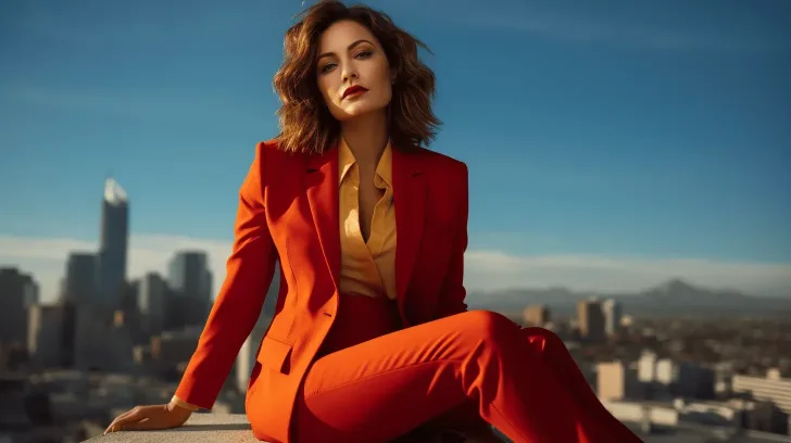 Red women's business suit, tailored fit, modern office wear, vibrant color, professional style, urban background.