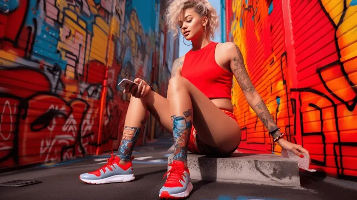 Red athletic sneakers for women, stylish and comfortable, ideal for running or casual wear, set against urban graffiti backdrop.