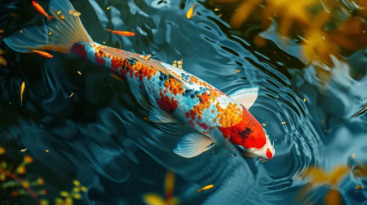 Colorful koi fish swimming in pond, vibrant scales, aquatic, ornamental fish for garden pond decoration.