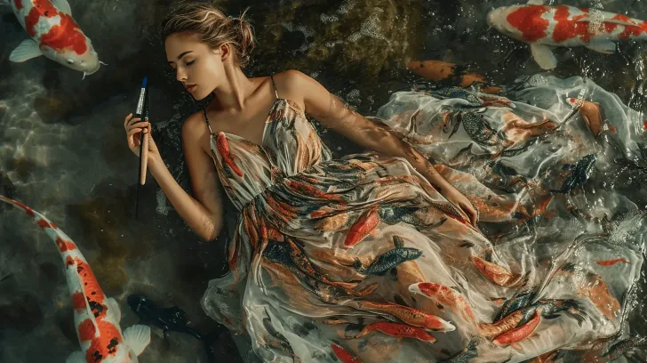 Elegant chiffon dress with vibrant koi fish print, ideal for summer events or artistic photo shoots.