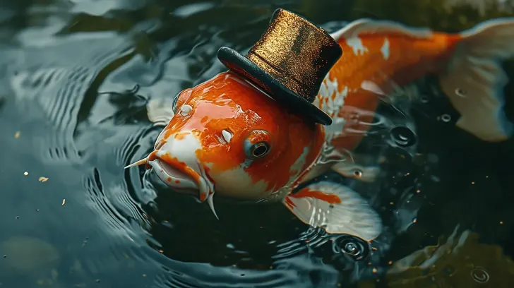 Orange koi fish with a gold top hat swimming in clear water, showcasing a whimsical aquatic decoration.