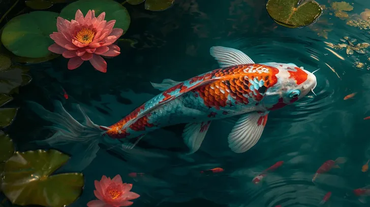 Colorful Koi Fish with Orange and White Scales in a Pond with Pink Water Lilies and Green Leaves, Decorative Art Print