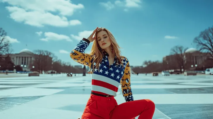 "Patriotic-themed long-sleeve shirt with stars and stripes, paired with vibrant red pants, perfect for casual outings."
