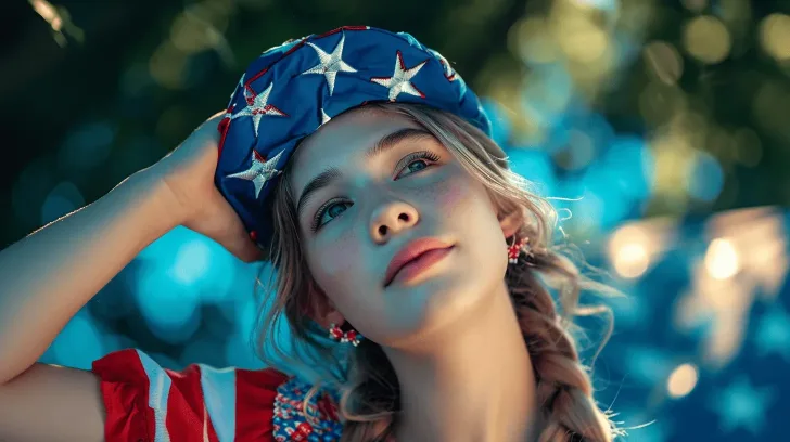 Blue star-patterned beret with red accents, perfect for casual wear or themed events, made from soft, durable fabric.