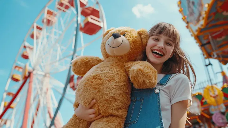 Alt text: "Large brown teddy bear plush toy for kids, soft and cuddly, perfect for gifts and playtime, outdoor amusement park setting."