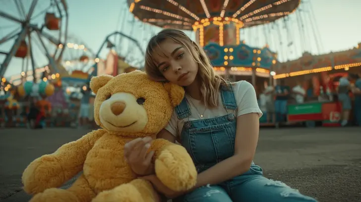 Cozy yellow teddy bear, plush material, perfect for snuggling or gifting, set against a vibrant amusement park backdrop.