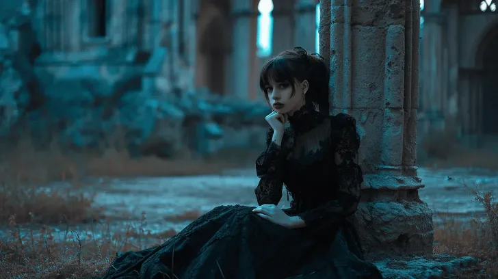 Elegant black lace gothic dress in a historical stone ruin setting, perfect for vintage or cosplay events.