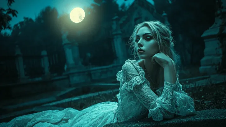 Elegant lace gown in moonlit cemetery, vintage style, perfect for gothic fashion or themed events.