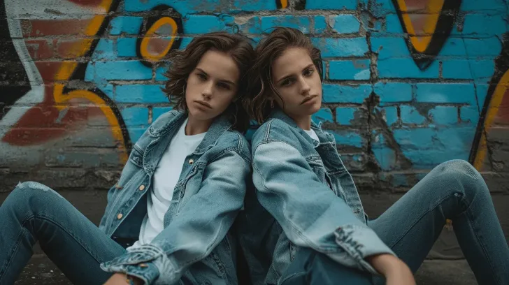 "Blue denim jackets and jeans set against graffiti wall, perfect for casual wear, durable cotton material, unisex style."
