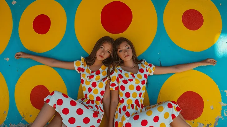 Colorful polka dot summer dress, short sleeves, vibrant red and yellow dots on white fabric, playful fashion.