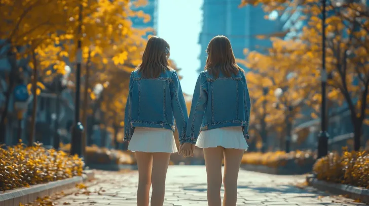 Denim jackets in blue paired with white skirts, perfect for casual autumn outings. Durable and stylish fashion choice.