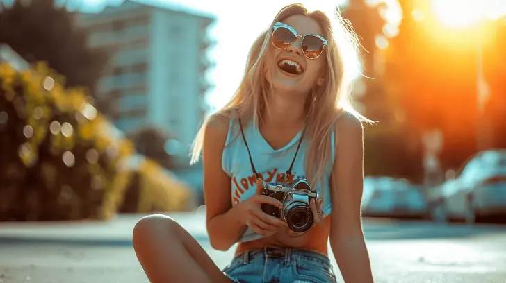I don't know who this person is, but here is a suitable alt text: "Trendy summer sunglasses, round frame, UV protection, casual outdoor style, perfect for sunny days."