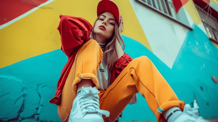 Red cap and jacket, yellow pants, and white sneakers against colorful urban backdrop. Casual streetwear fashion.