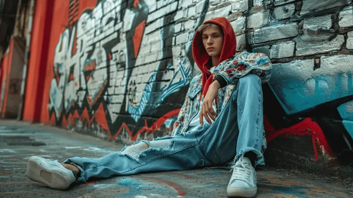"Graffiti backdrop with distressed denim jeans and colorful patterned jacket, urban streetwear fashion style."