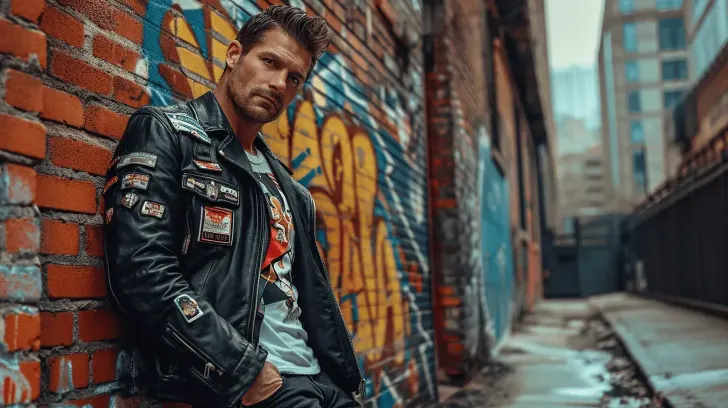 Black leather jacket with colorful patches, urban streetwear style, perfect for casual outings and adding edgy flair.
