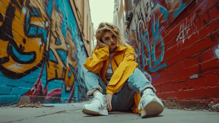 Yellow urban jacket, casual street style, lightweight material, suitable for outdoor wear, paired with blue jeans.