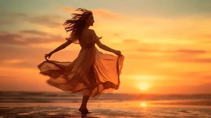 Elegant flowy dress in sunset orange, perfect for beach outings, with lightweight fabric for a breezy summer style.