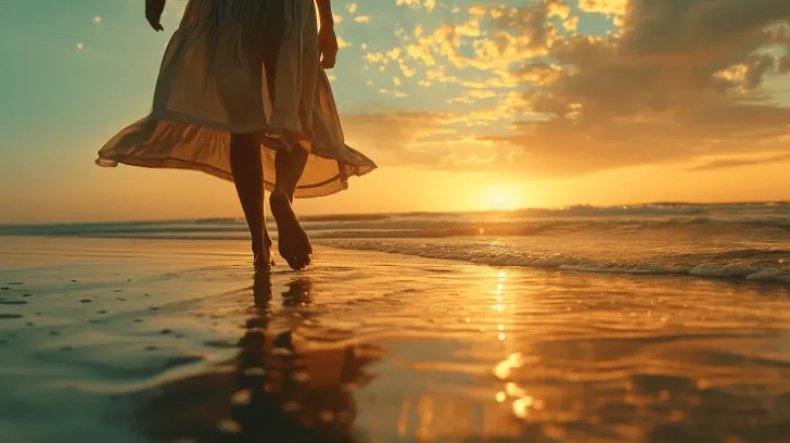 Flowy beige summer dress, perfect for beach walks at sunset, lightweight fabric, elegant style.