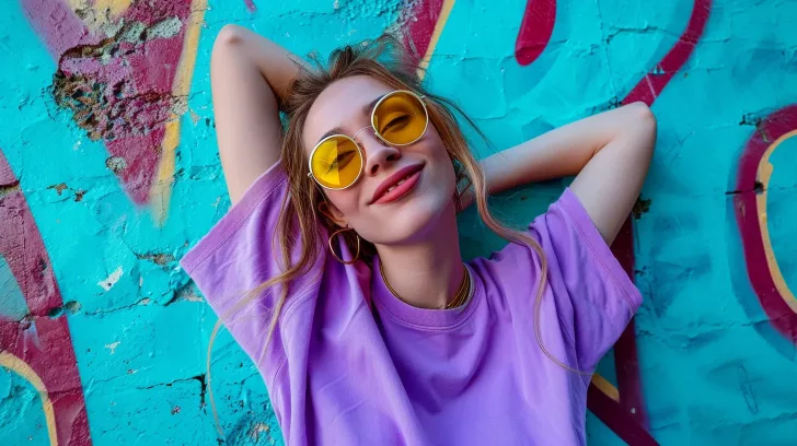 Bright purple cotton t-shirt with casual fit, styled with yellow sunglasses, ideal for summer fashion and comfort.