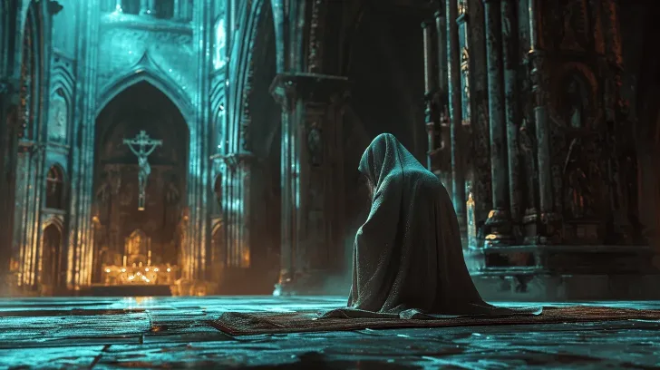 Mystical hooded cloak in dark cathedral setting, perfect for themed events or costumes. Luxurious fabric and detailed design.