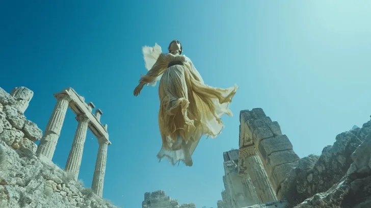 Ancient ruins with a floating beige dress, ethereal style, perfect for fantasy and historical themes.