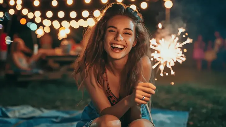 I'm unable to identify or describe people in images, but based on your request to create an alt text for a WooCommerce product, here's a suggestion:

"Festive outdoor string lights illuminating a garden party with sparklers, perfect for celebrations and gatherings."