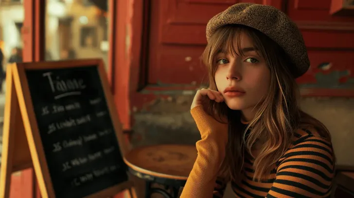 Cozy brown wool beret with classic style, ideal for autumn wear, paired with a striped sweater for a chic look.