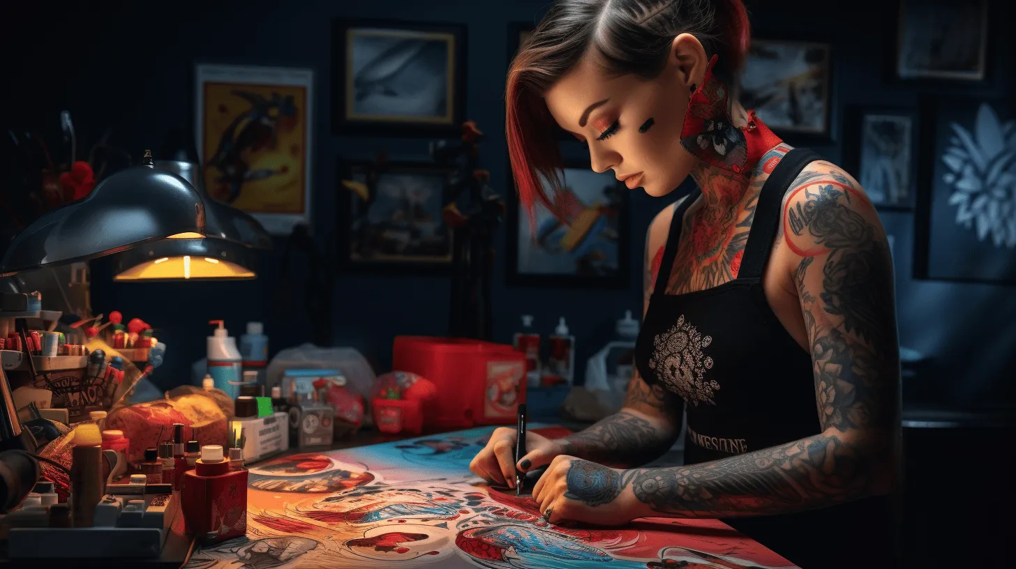 Tattoo artist workspace with colorful inks and equipment, ideal for professional tattooing in studio settings.