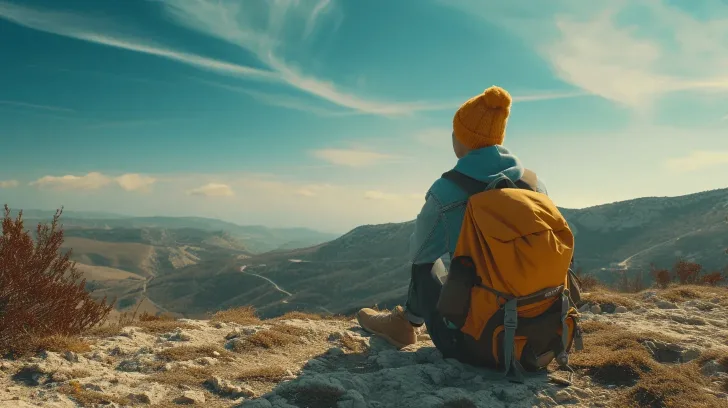 Yellow hiking backpack with multiple compartments, ideal for outdoor adventures and travel. Durable and spacious design.