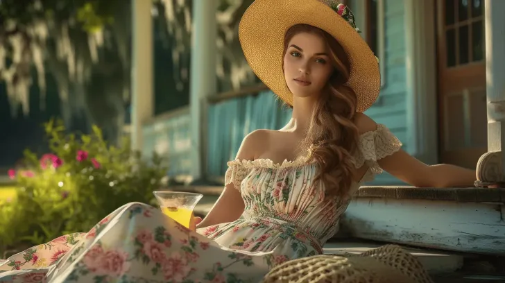 Floral off-shoulder summer dress with wide-brim straw hat, perfect for outdoor events. Breezy, stylish, and elegant.