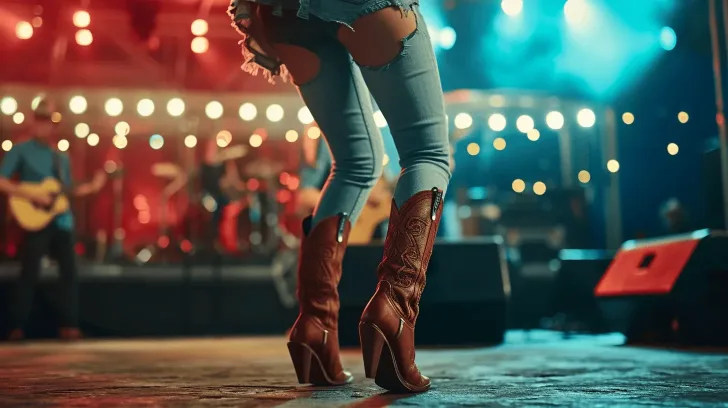 Brown leather cowboy boots with intricate stitching, ideal for country concerts and casual outings.