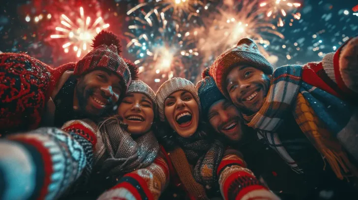 Cozy winter knit hats and scarves in vibrant colors, perfect for festive outdoor celebrations and staying warm.