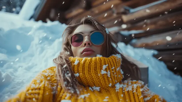 Yellow knit turtleneck sweater, cozy winter fashion, snow background, warm wool material, stylish and comfortable.