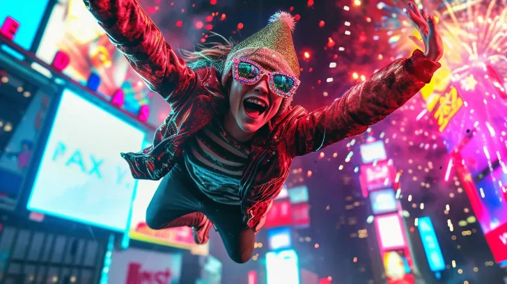 Alt text: "Colorful sequin jacket with festive hat and striped shirt, perfect for party celebrations and vibrant events."