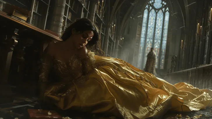 Golden silk ball gown in an ornate library setting, elegant style, perfect for formal occasions and special events.