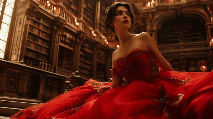 Elegant red evening gown with intricate lace details, perfect for formal events. Luxurious fabric adds a glamorous touch.