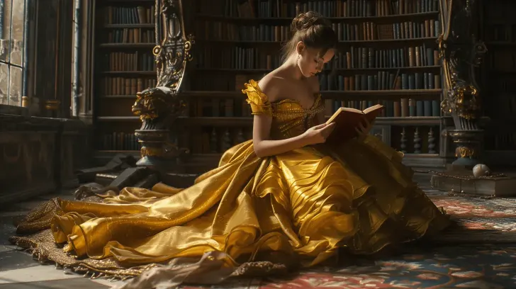 Elegant gold ball gown, off-shoulder style, perfect for formal occasions, luxurious fabric, classic library setting.