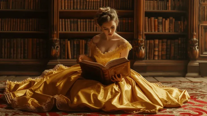 Elegant yellow satin ball gown in a luxurious library setting, perfect for formal events or themed parties.