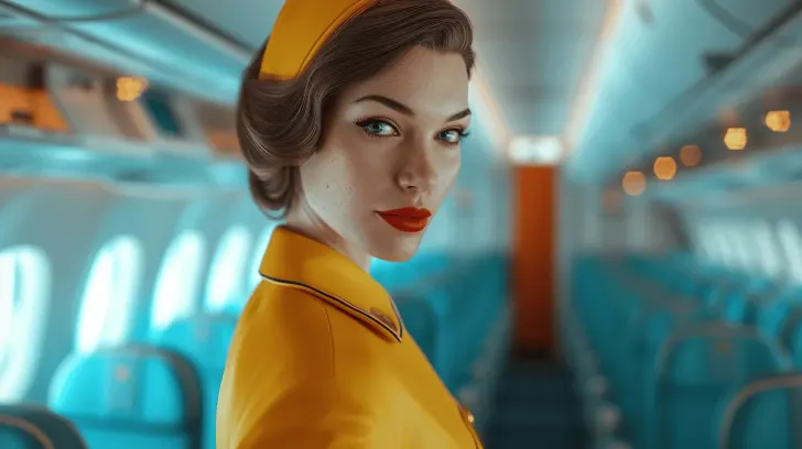 Yellow vintage-style flight attendant uniform in an airplane cabin setting.