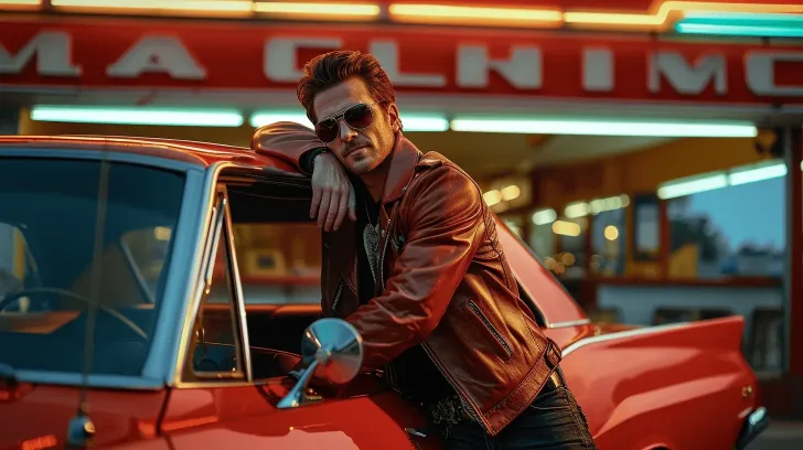 Red leather jacket with zipper, retro style, perfect for casual wear, shown with a vintage car backdrop.