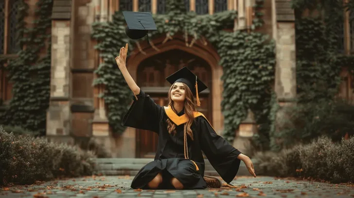 Black graduation gown with gold accents, ideal for ceremonies. Durable fabric, classic style, perfect for academic events.