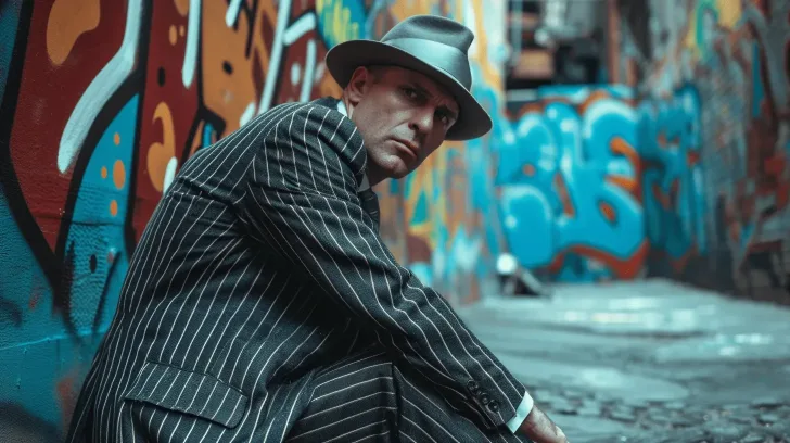 Alt text: "Gray pinstripe suit and fedora hat, vintage style, ideal for formal occasions, polyester blend material."