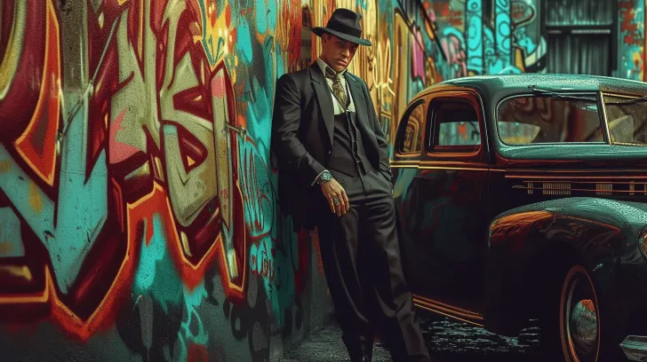 Vintage black sedan parked by colorful graffiti wall, showcasing classic style and urban aesthetic.