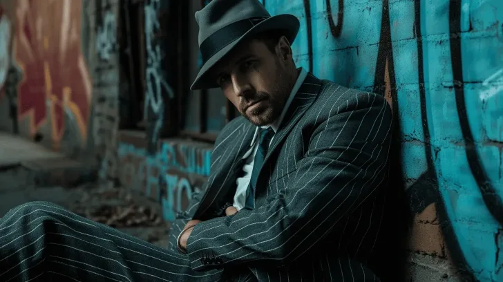 Gray pinstripe suit and fedora hat, vintage style, urban setting. Ideal for formal events or themed parties.