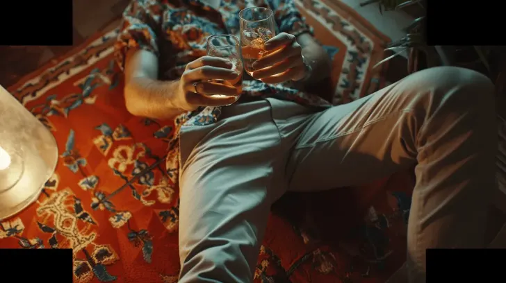 Relaxing on a red patterned rug with two glasses of whiskey, wearing light khaki pants and a floral shirt.
