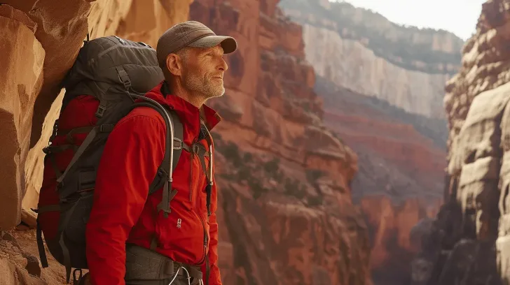 Red waterproof hiking jacket with zip pockets, ideal for outdoor adventures. Durable and breathable material.