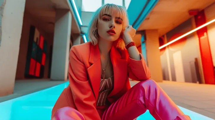 Stylish pink and orange women's suit set, perfect for bold fashion statements and vibrant occasions.