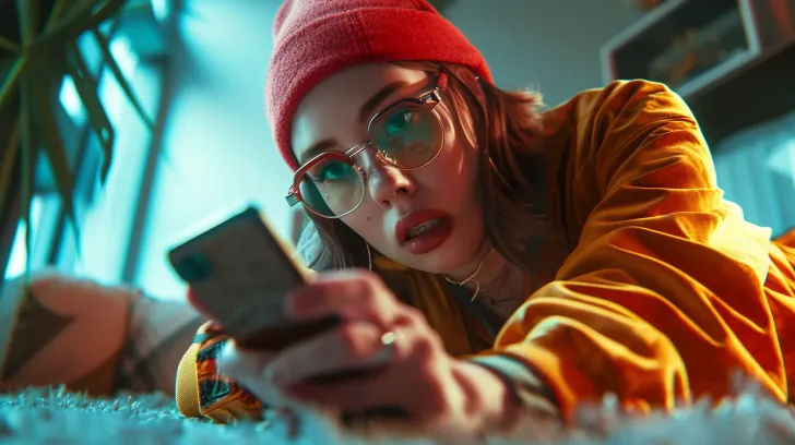 Red beanie and orange jacket with glasses, casual urban style, perfect for winter fashion and everyday wear.