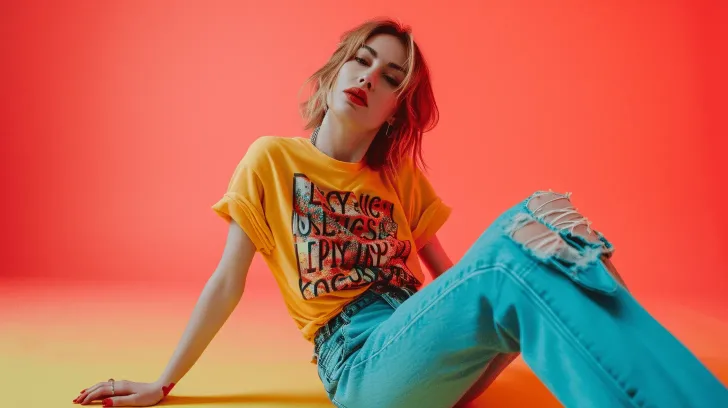 Yellow graphic tee with abstract print, paired with distressed blue jeans. Casual style, perfect for everyday wear.